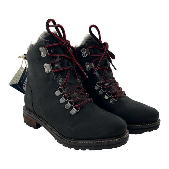 New Women Joules Ashwood Black Leather Faux Fur Warm Lace-Up Hiking Ankle Boots - Picture 3 of 13